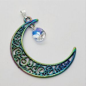 Rainbow Tibetan Silver Crescent Moon Pendant 1.8" Goth Gothic